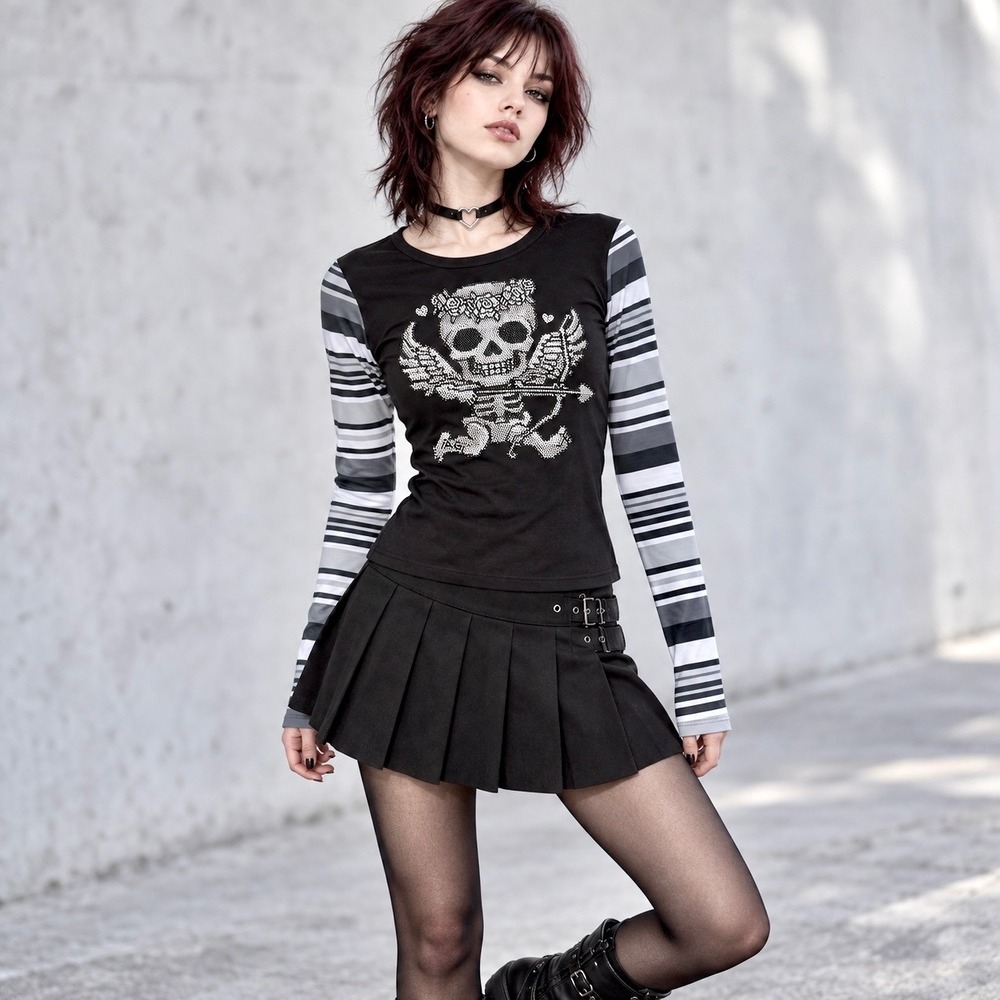 NWT Ay Guey Miguelito Cupid Skeleton Rhinestone Studded Top Y2K Alt Girl Punk L